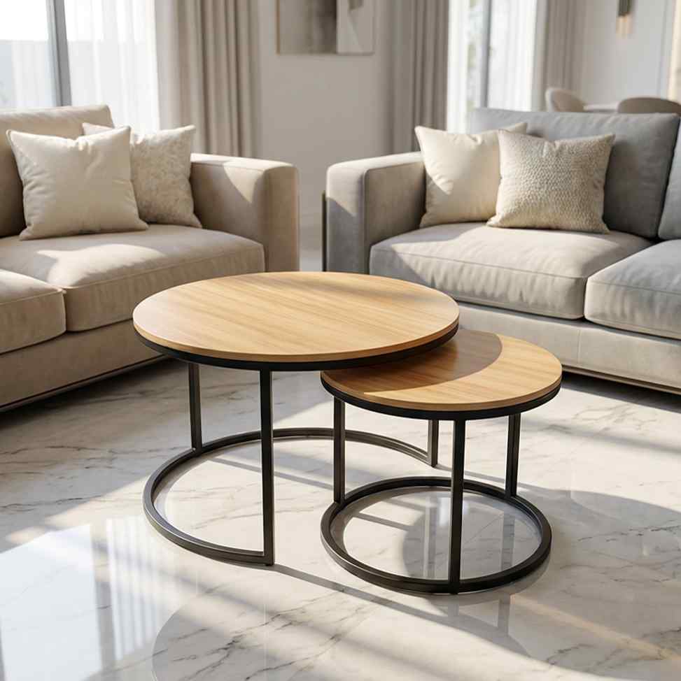 طقم طاولة وسط قطعتين وجه خشب لون خشبي