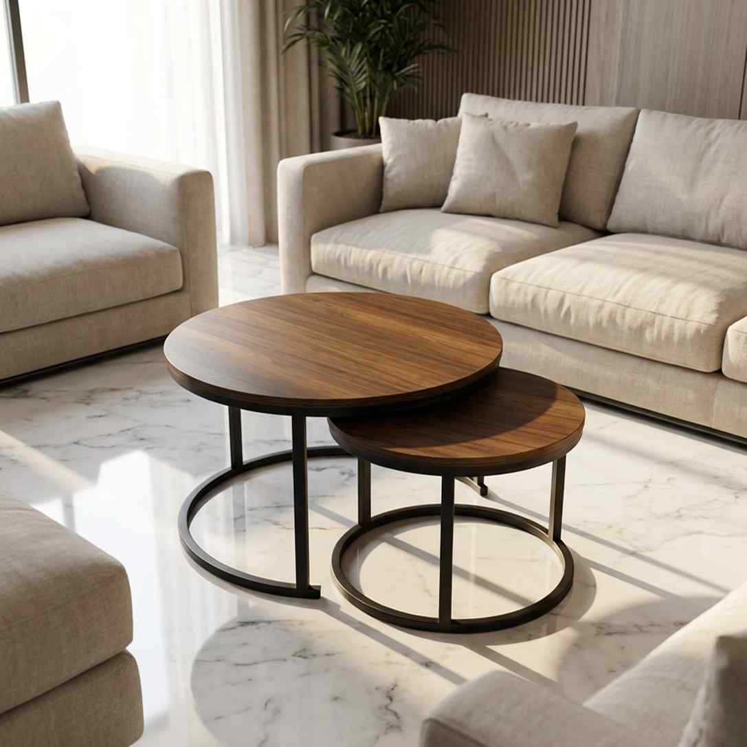 طقم طاولة وسط قطعتين وجه خشب لون بني