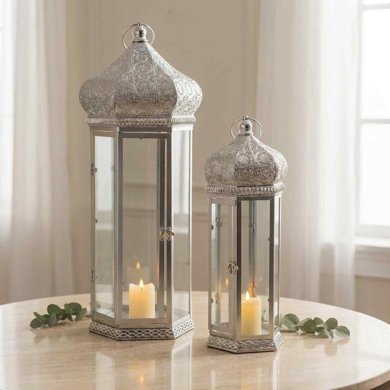 طقم فانوس 2 قطعة سداسي فضي
